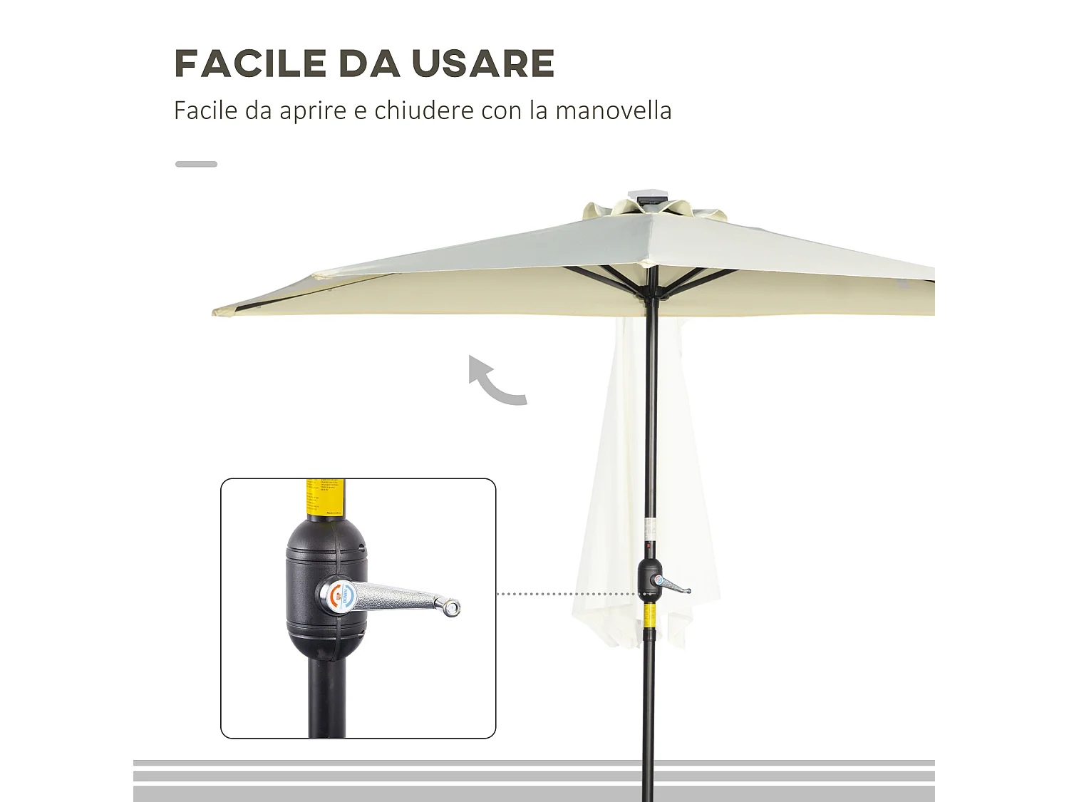 Ombrellone semicircolare con manovella e 20 luci led solari beige