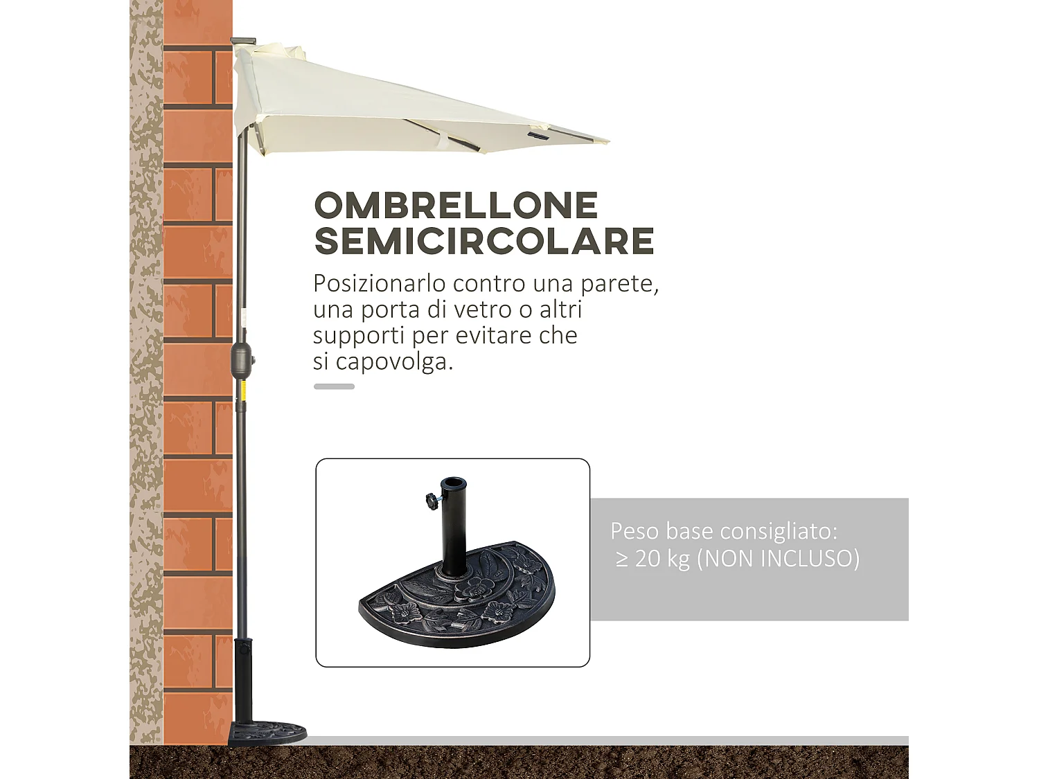 Ombrellone semicircolare con manovella e 20 luci led solari beige