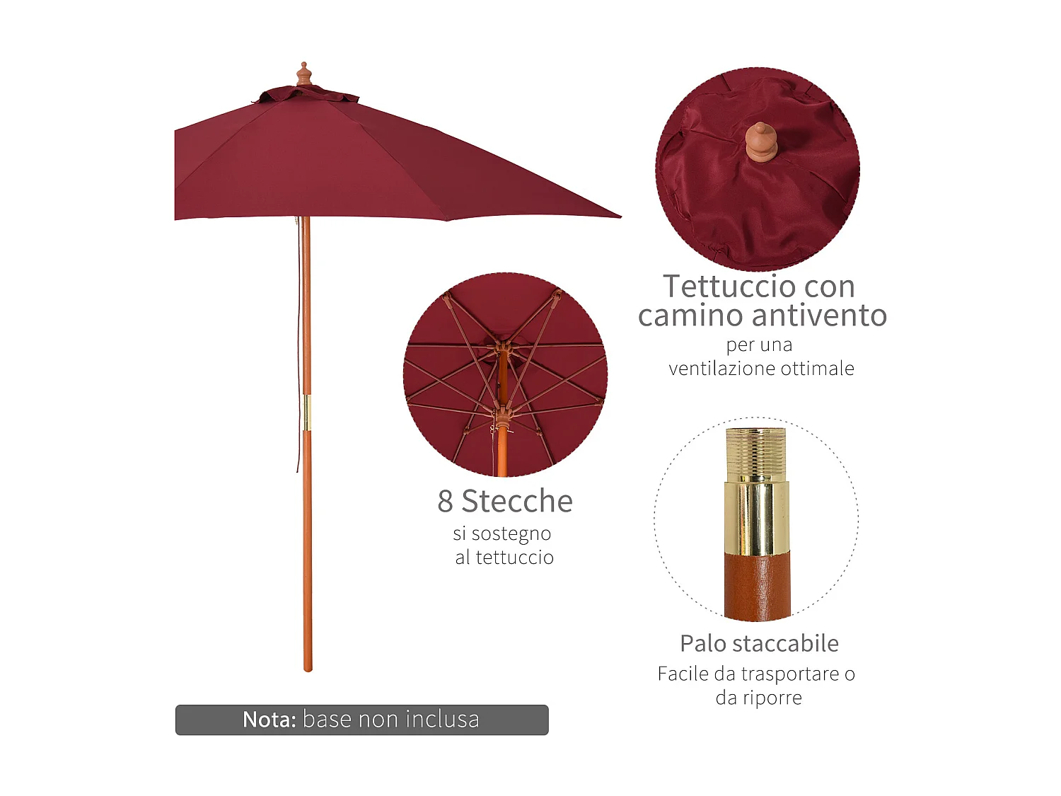 Ombrellone da giardino 2.5x2.5 m in legno rosso