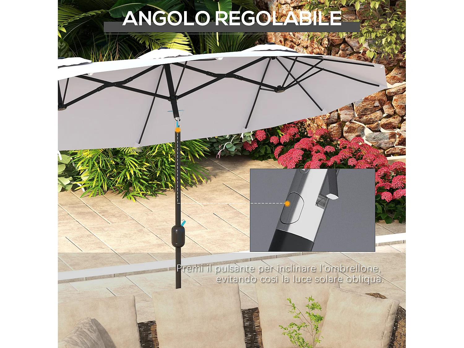 Ombrellone giardino doppio e manovella 295x152x222cm bianco