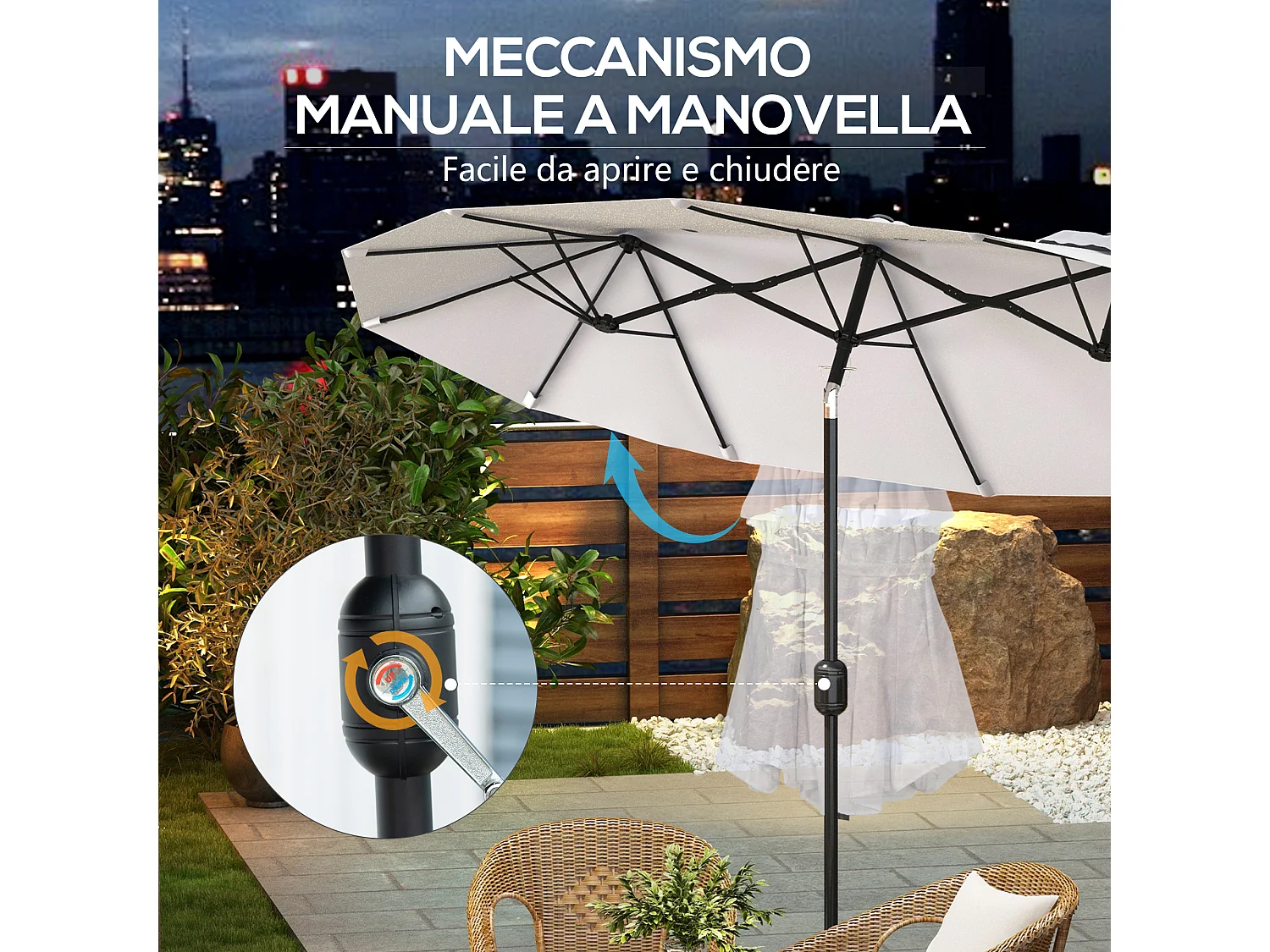 Ombrellone giardino doppio e manovella 295x152x222cm bianco