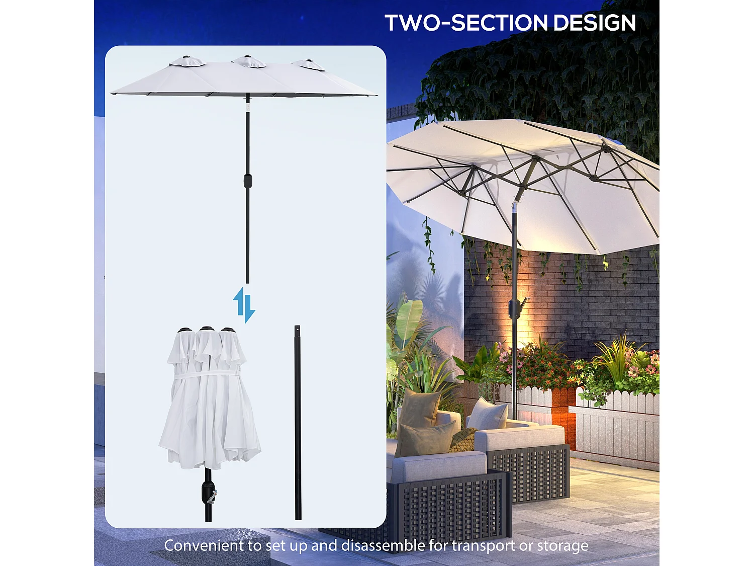 Ombrellone giardino doppio e manovella 295x152x222cm bianco