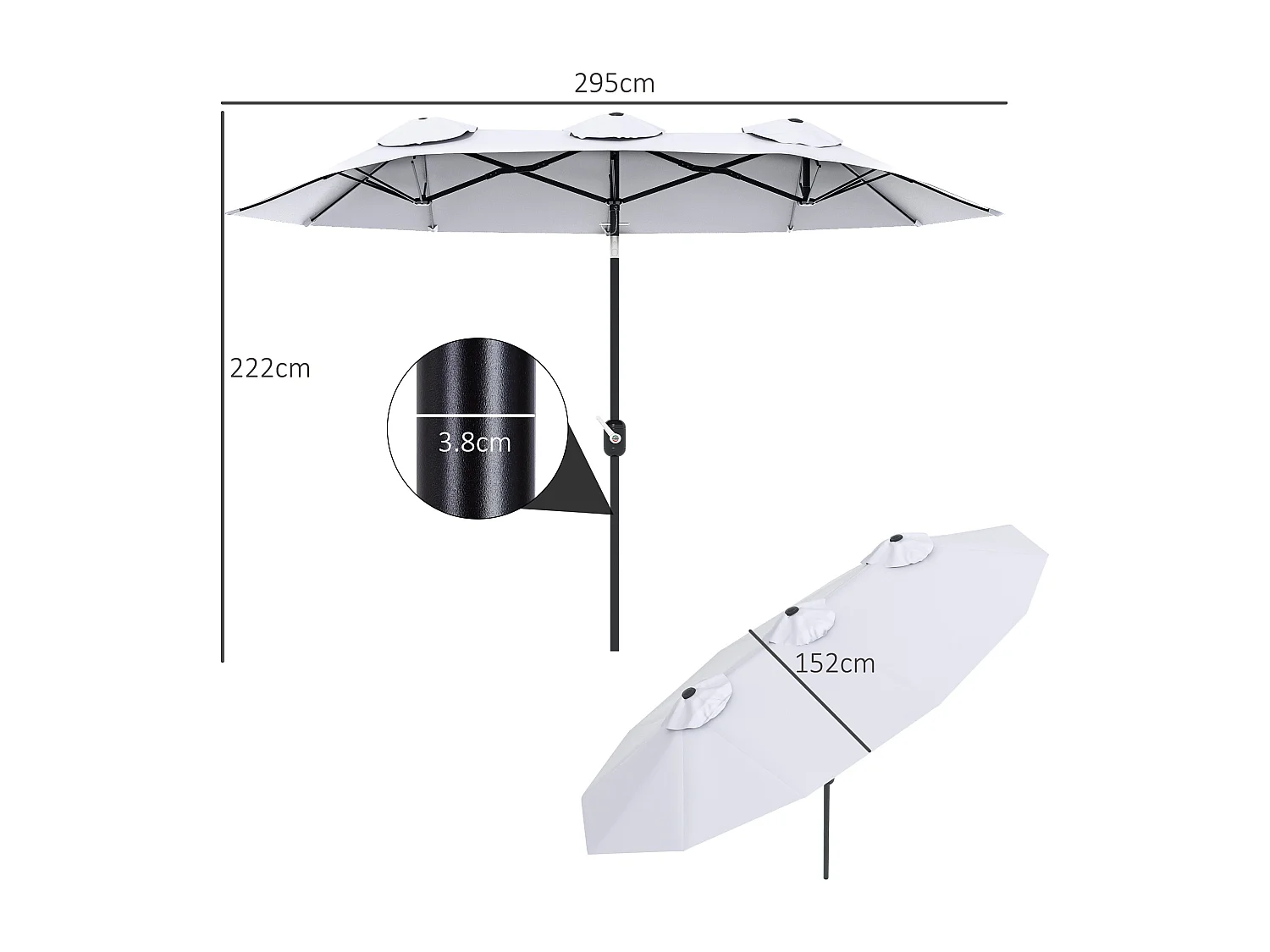 Ombrellone giardino doppio e manovella 295x152x222cm bianco