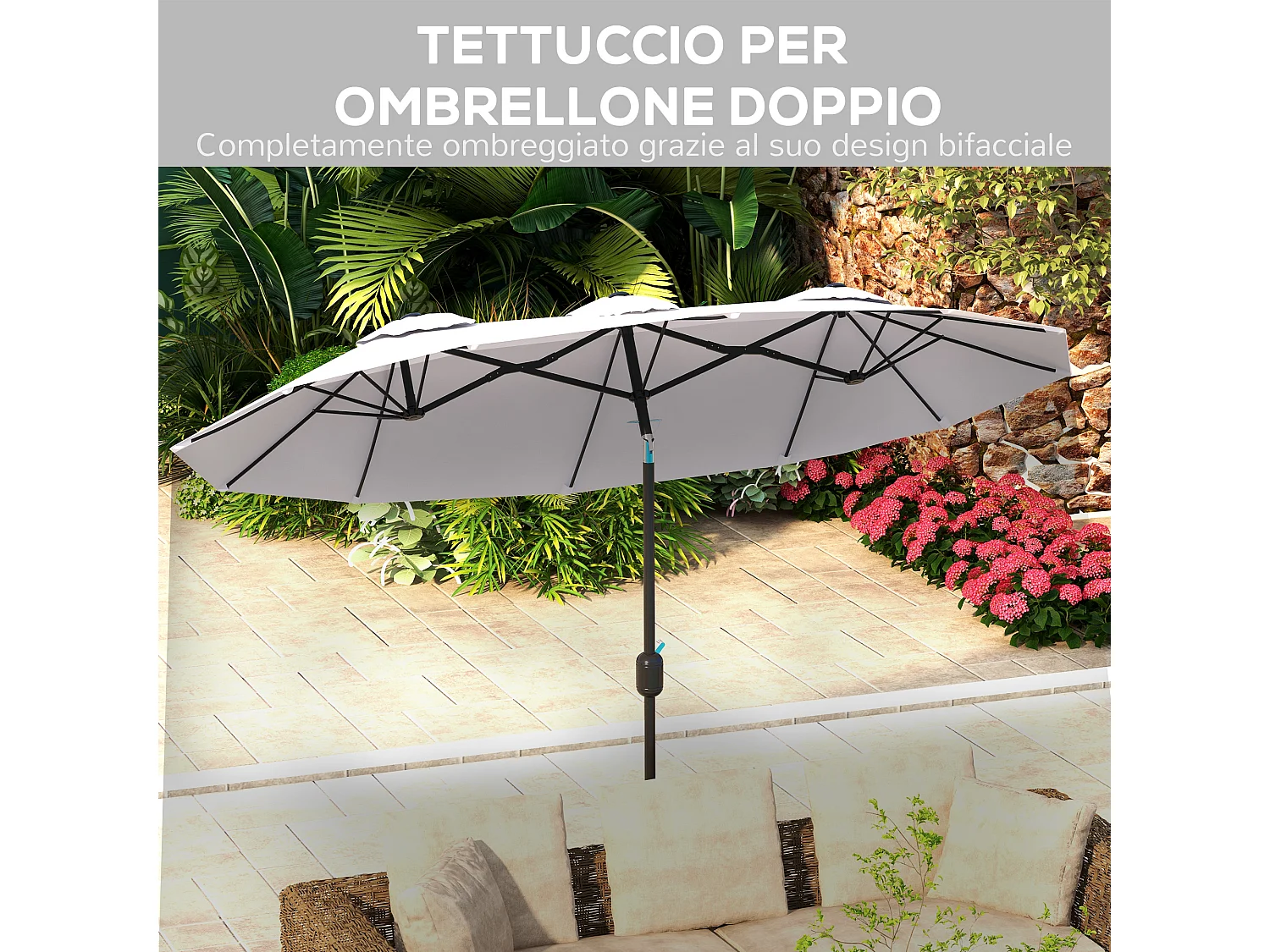 Ombrellone giardino doppio e manovella 295x152x222cm bianco