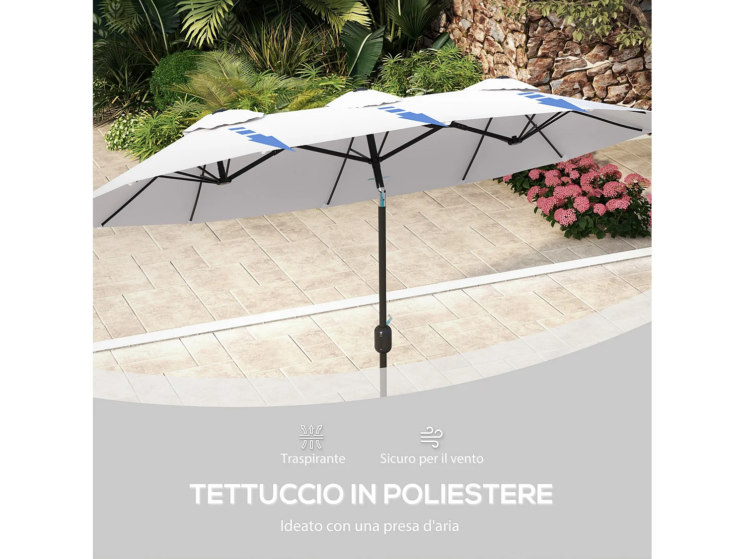 Ombrellone giardino doppio e manovella 295x152x222cm bianco