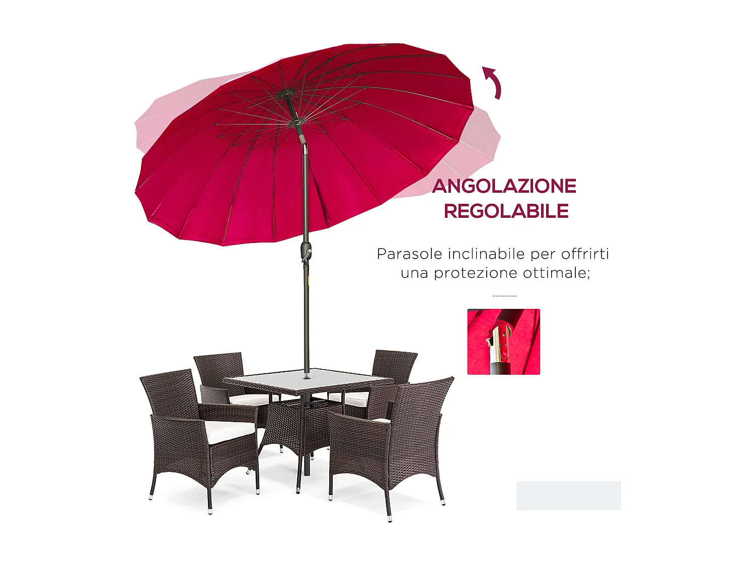 Ombrellone rotondo pieghevole a 18 stecche con manovella rosso vino