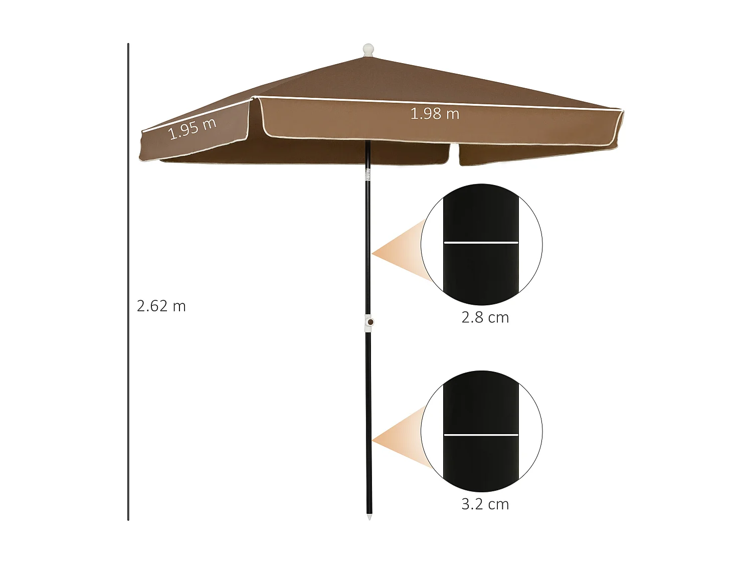 Ombrellone 2x2 m da esterno con tettuccio quadrato caffè