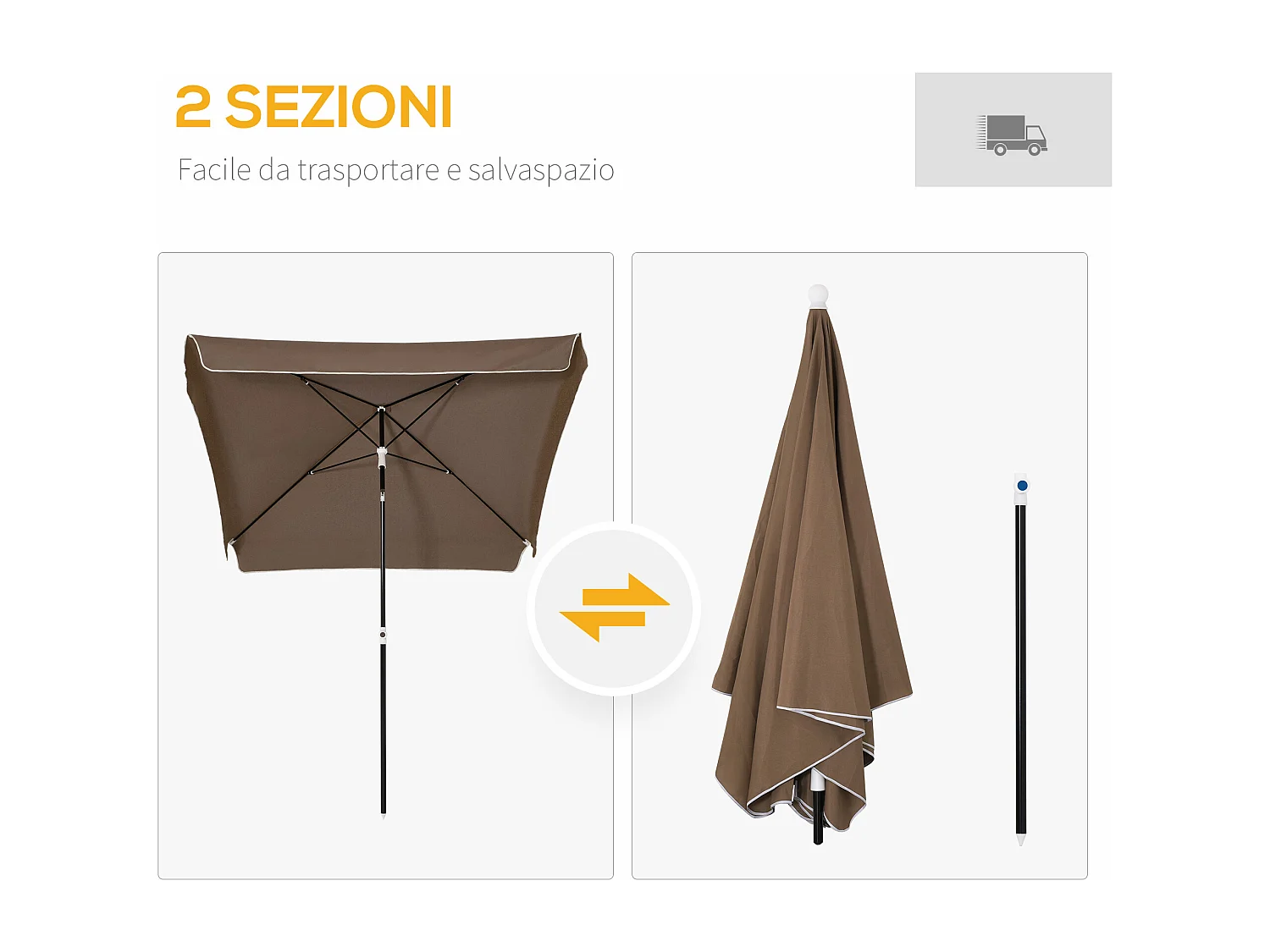 Ombrellone 2x2 m da esterno con tettuccio quadrato caffè