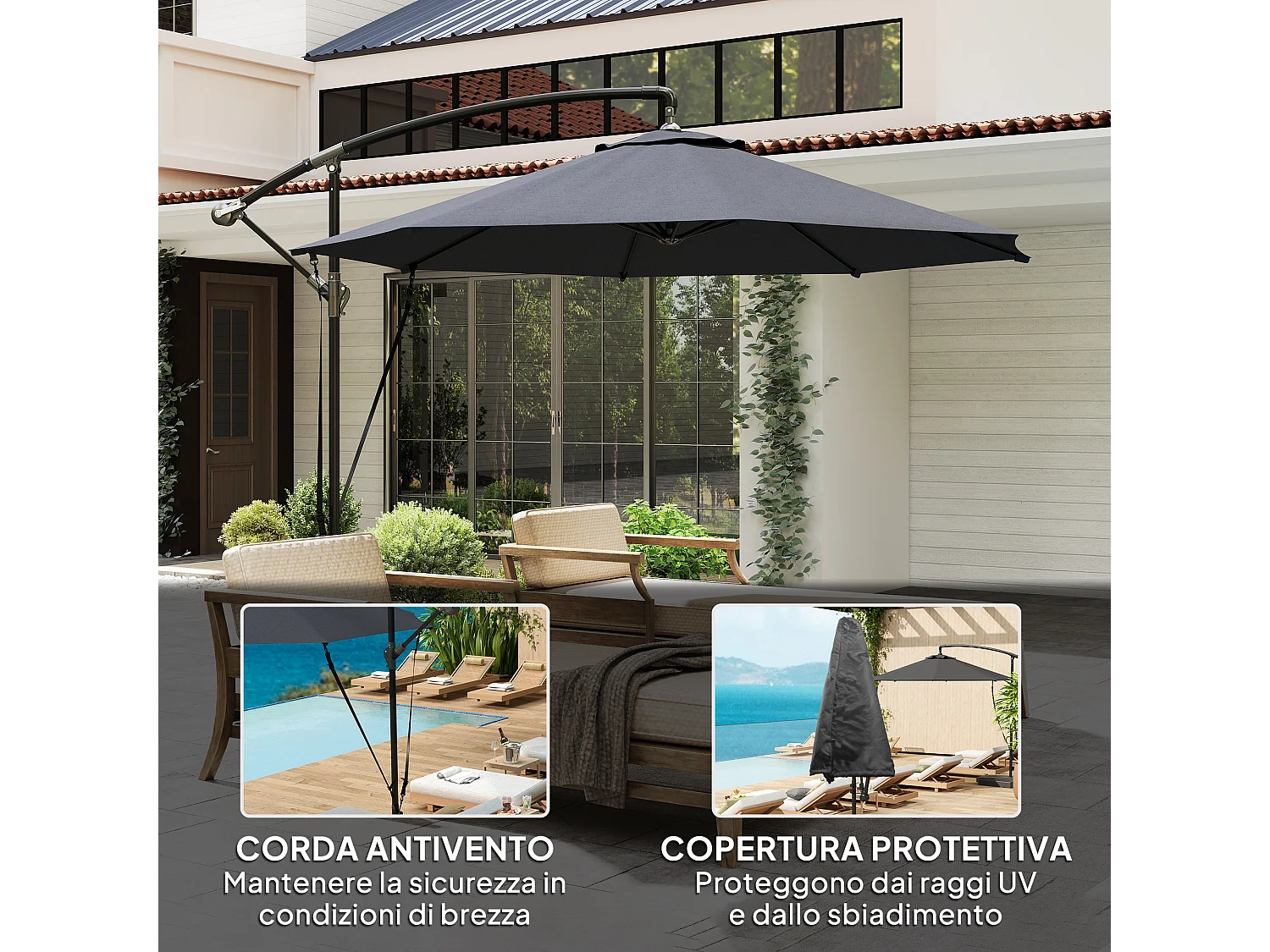 Ombrellone da giardino girevole inclinabile con manovella grigio scuro