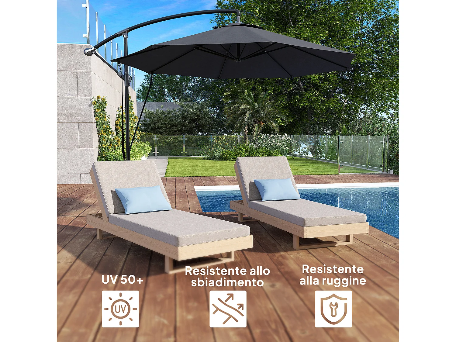 Ombrellone da giardino girevole inclinabile con manovella grigio scuro