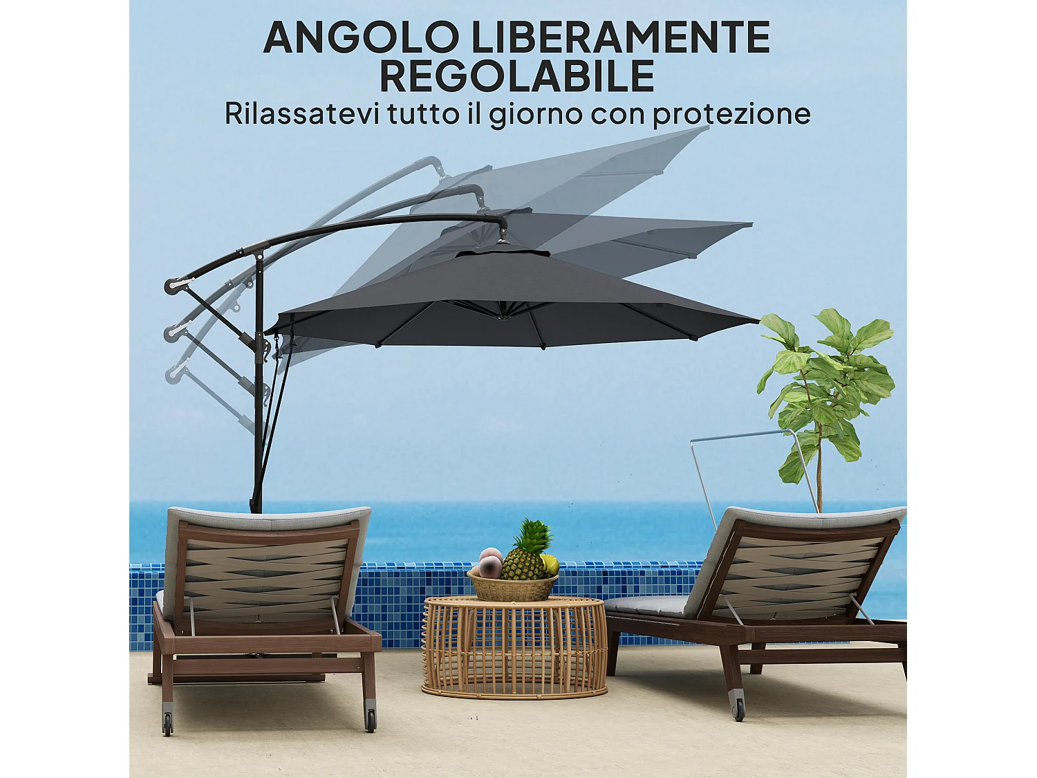 Ombrellone da giardino girevole inclinabile con manovella grigio scuro