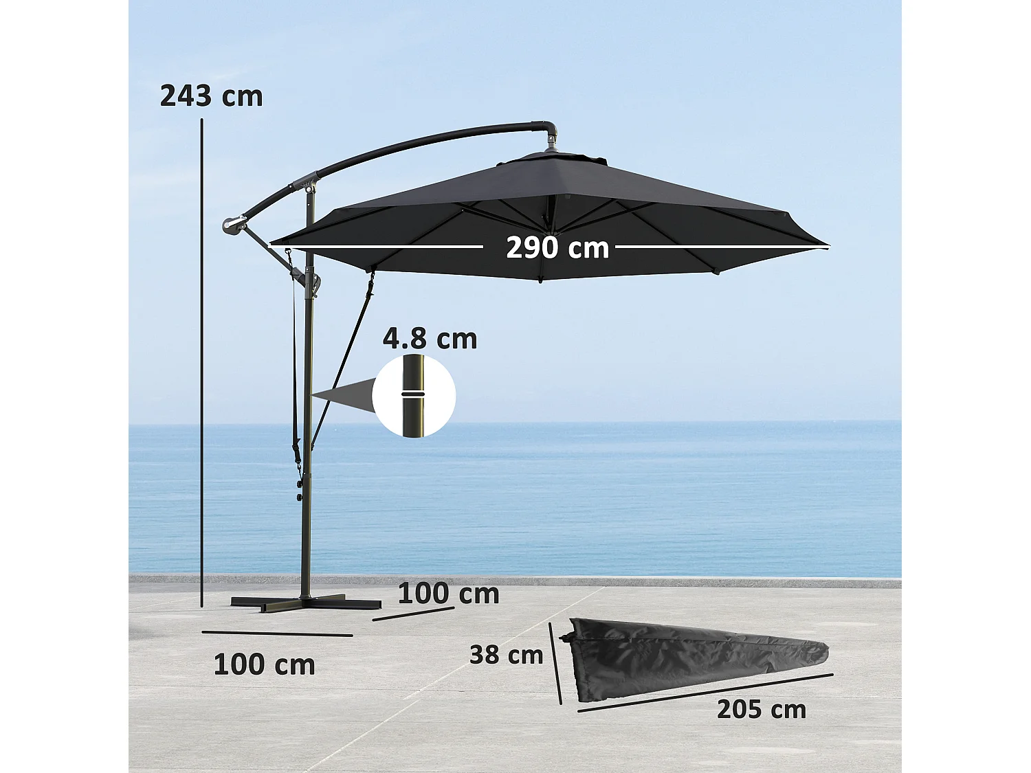 Ombrellone da giardino girevole inclinabile con manovella grigio scuro