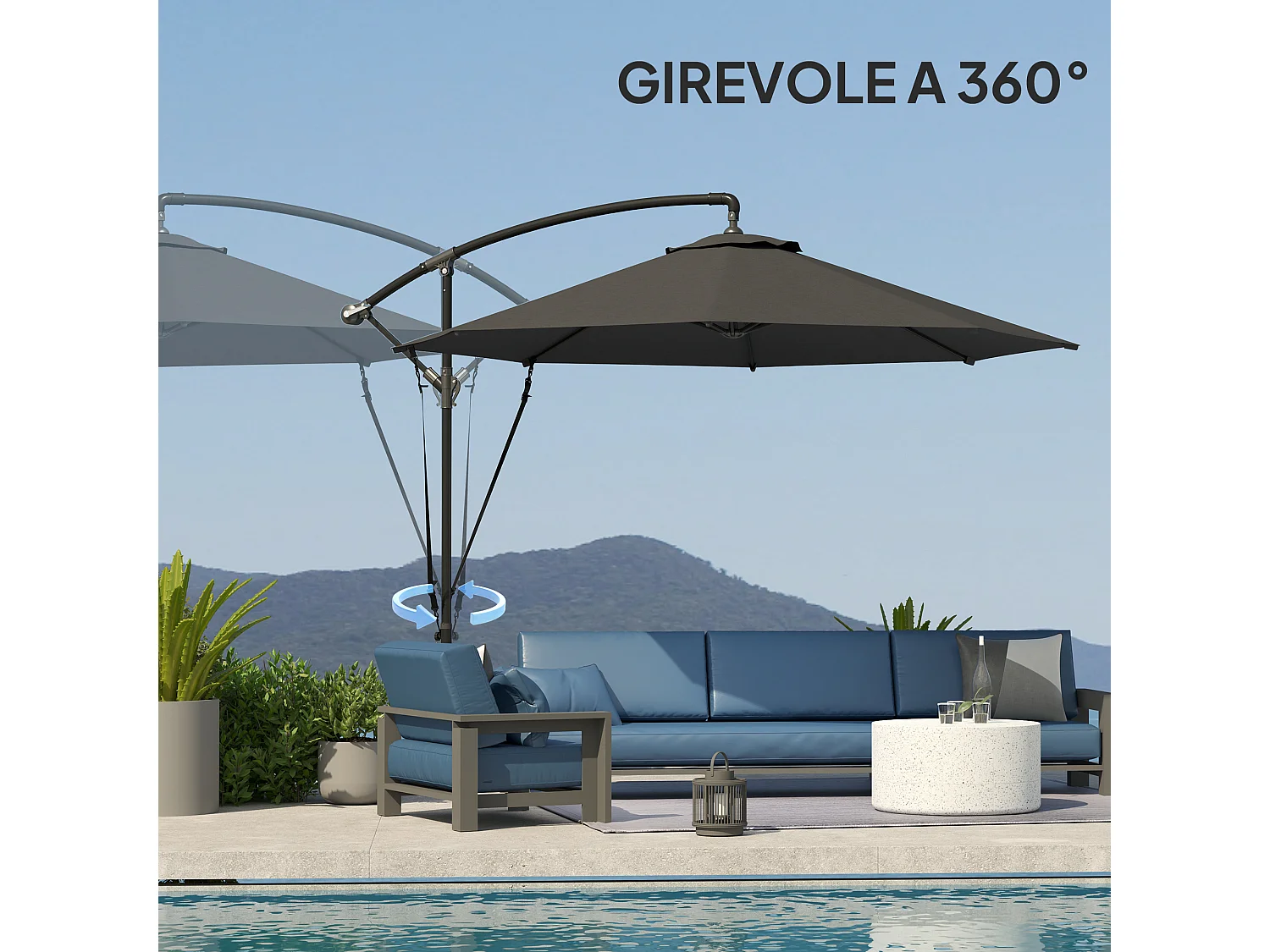 Ombrellone da giardino girevole inclinabile con manovella grigio scuro