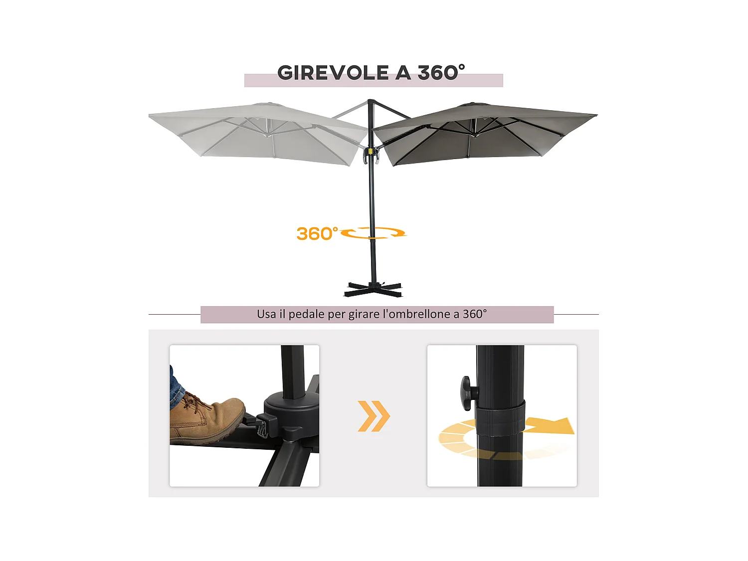 Ombrellone da giardino a manovella 2.5x2.5m girevole grigio chiaro