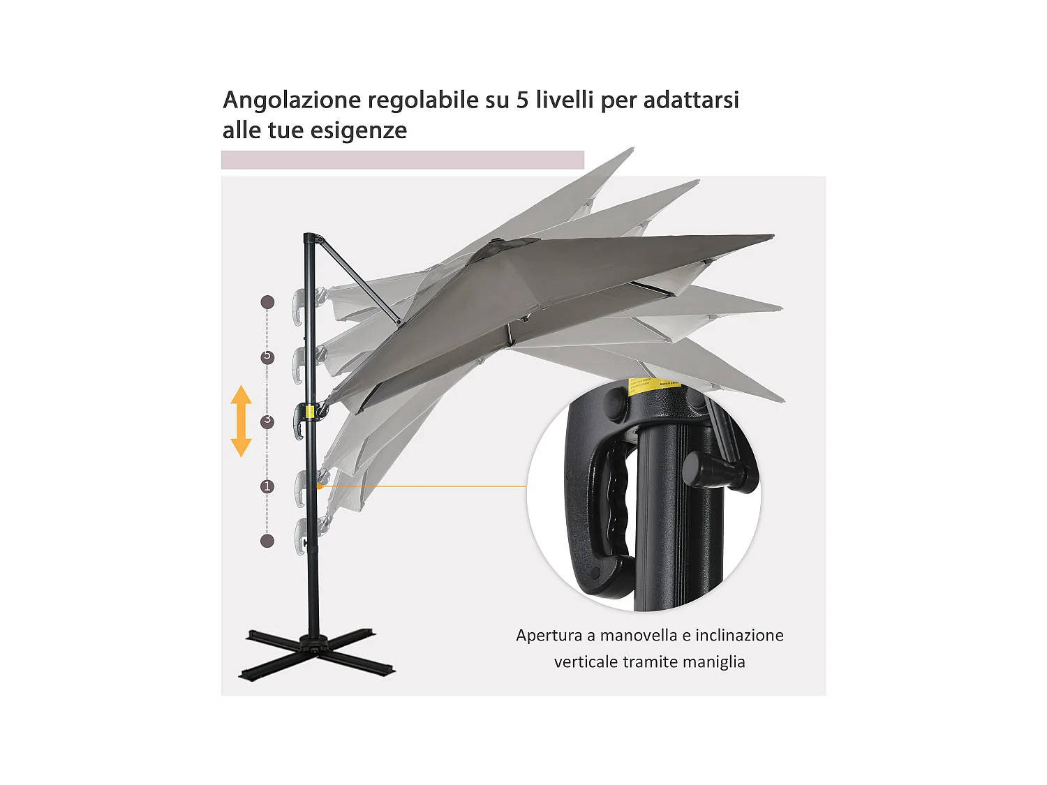 Ombrellone da giardino a manovella 2.5x2.5m girevole grigio chiaro