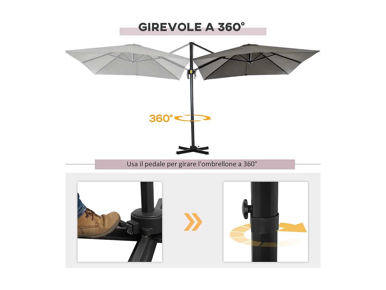 Ombrellone da giardino a manovella 2.5x2.5m girevole grigio chiaro
