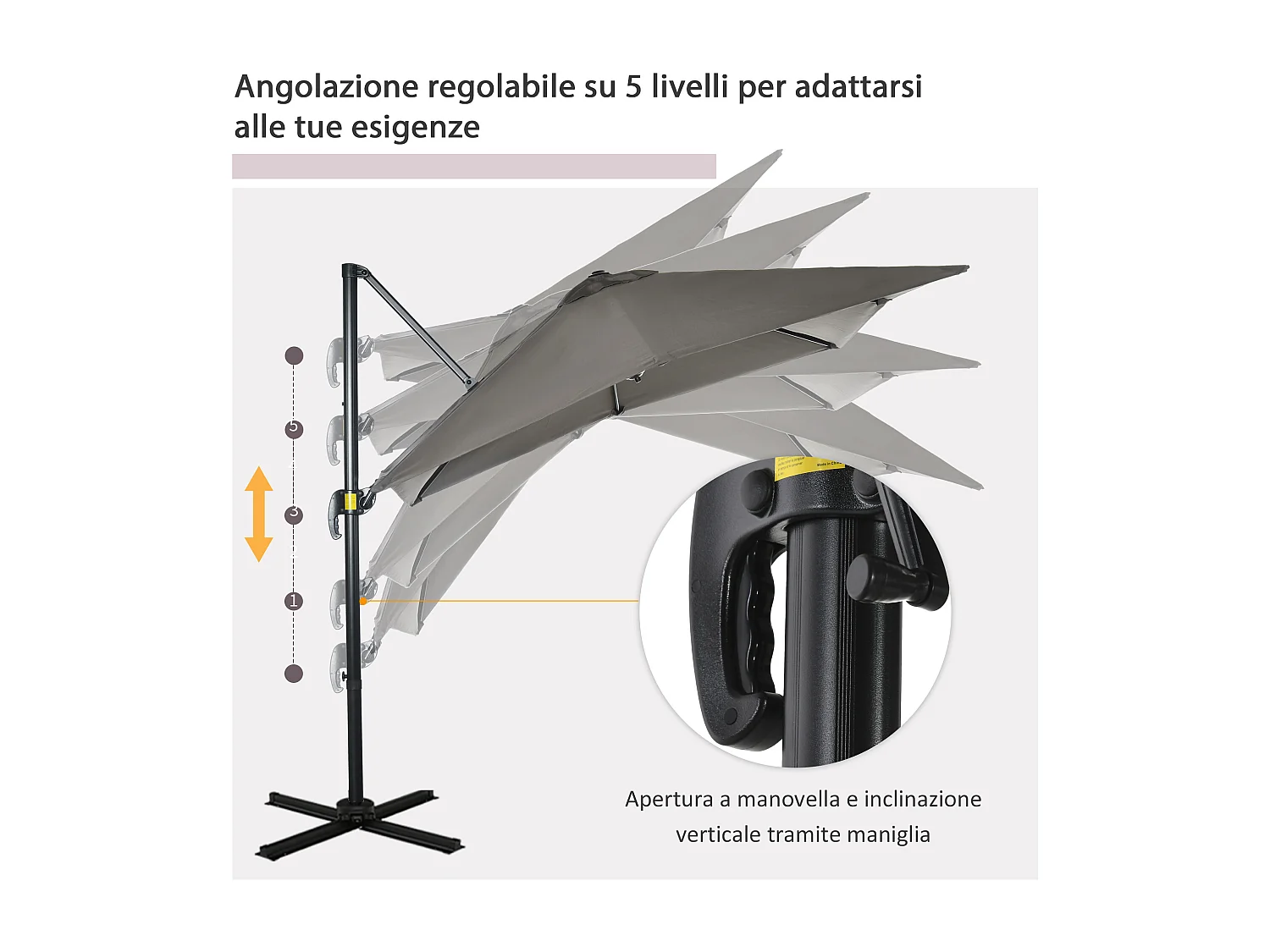 Ombrellone da giardino a manovella 2.5x2.5m girevole grigio chiaro