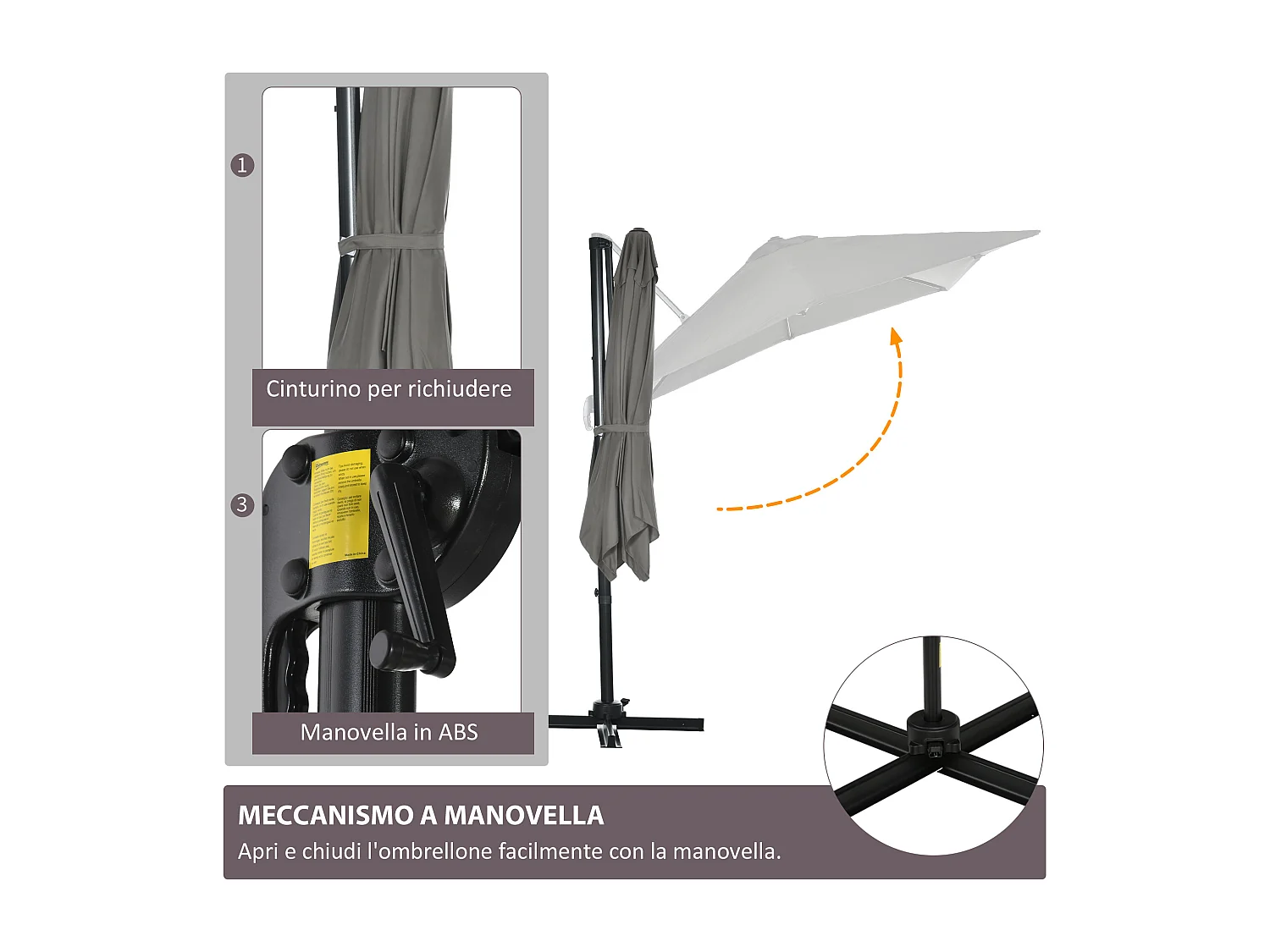 Ombrellone da giardino a manovella 2.5x2.5m girevole grigio chiaro
