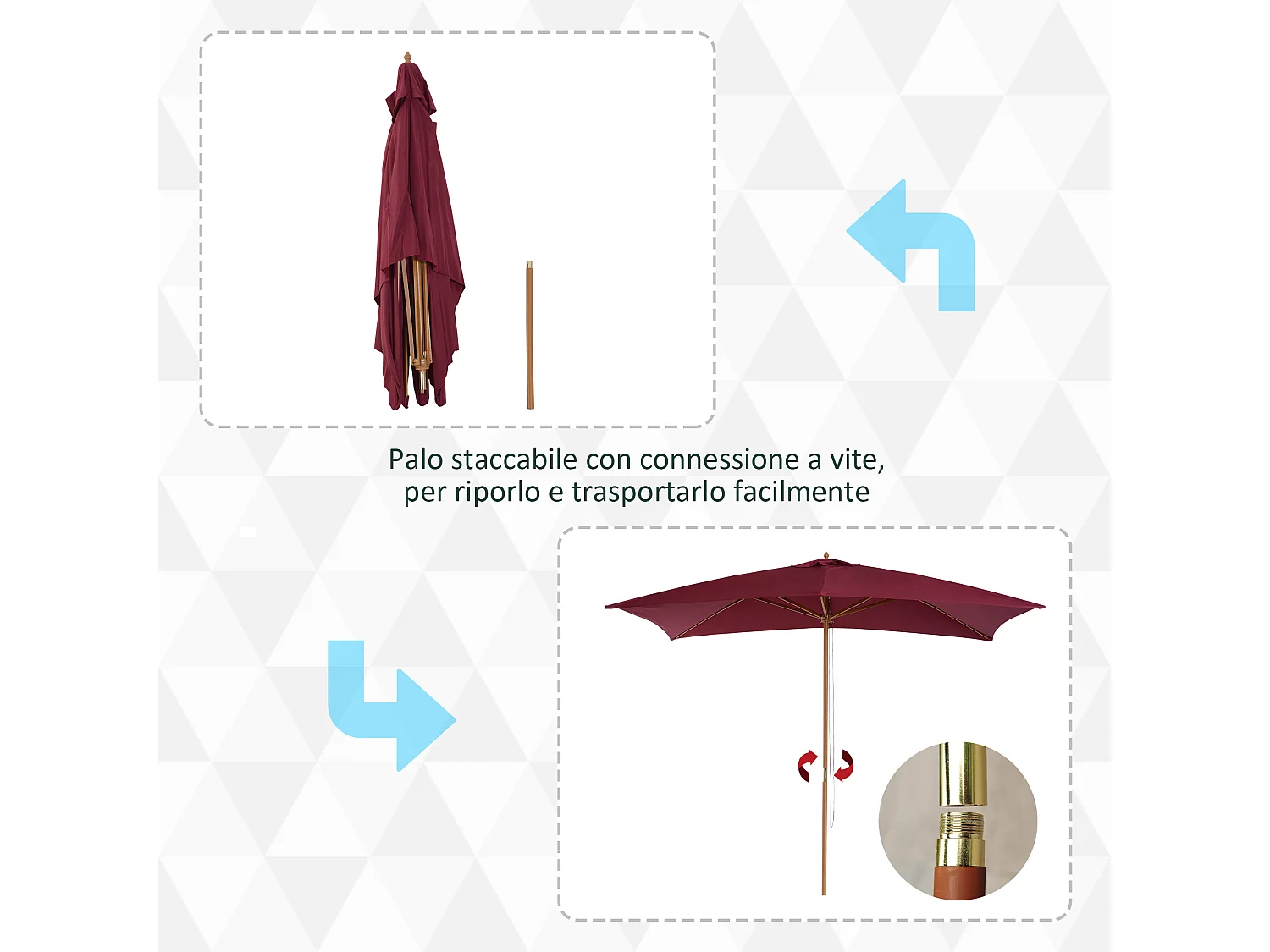 Ombrellone 2x3 da giardino copertura in poliestere bordeaux