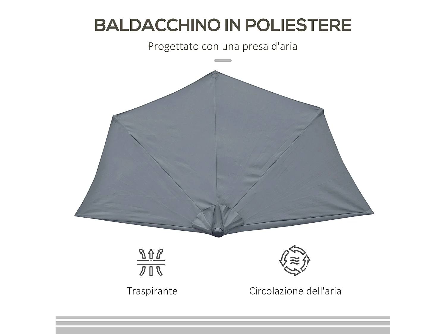 Ombrellone semicircolare impermeabile anti uv 269x138x236cm grigio