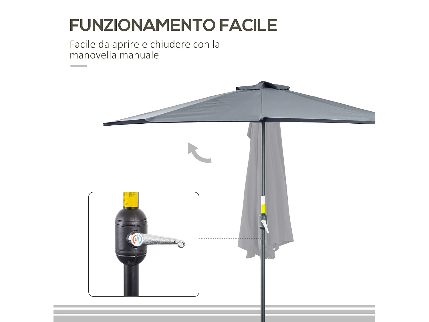 Ombrellone semicircolare impermeabile anti uv 269x138x236cm grigio