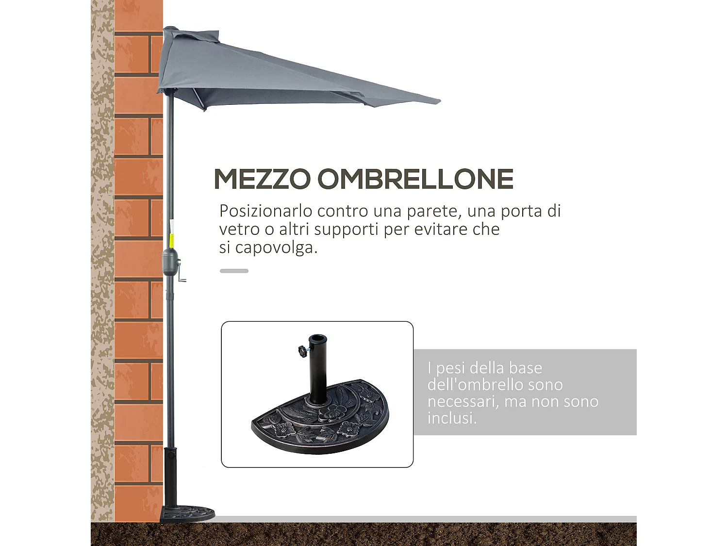 Ombrellone semicircolare impermeabile anti uv 269x138x236cm grigio