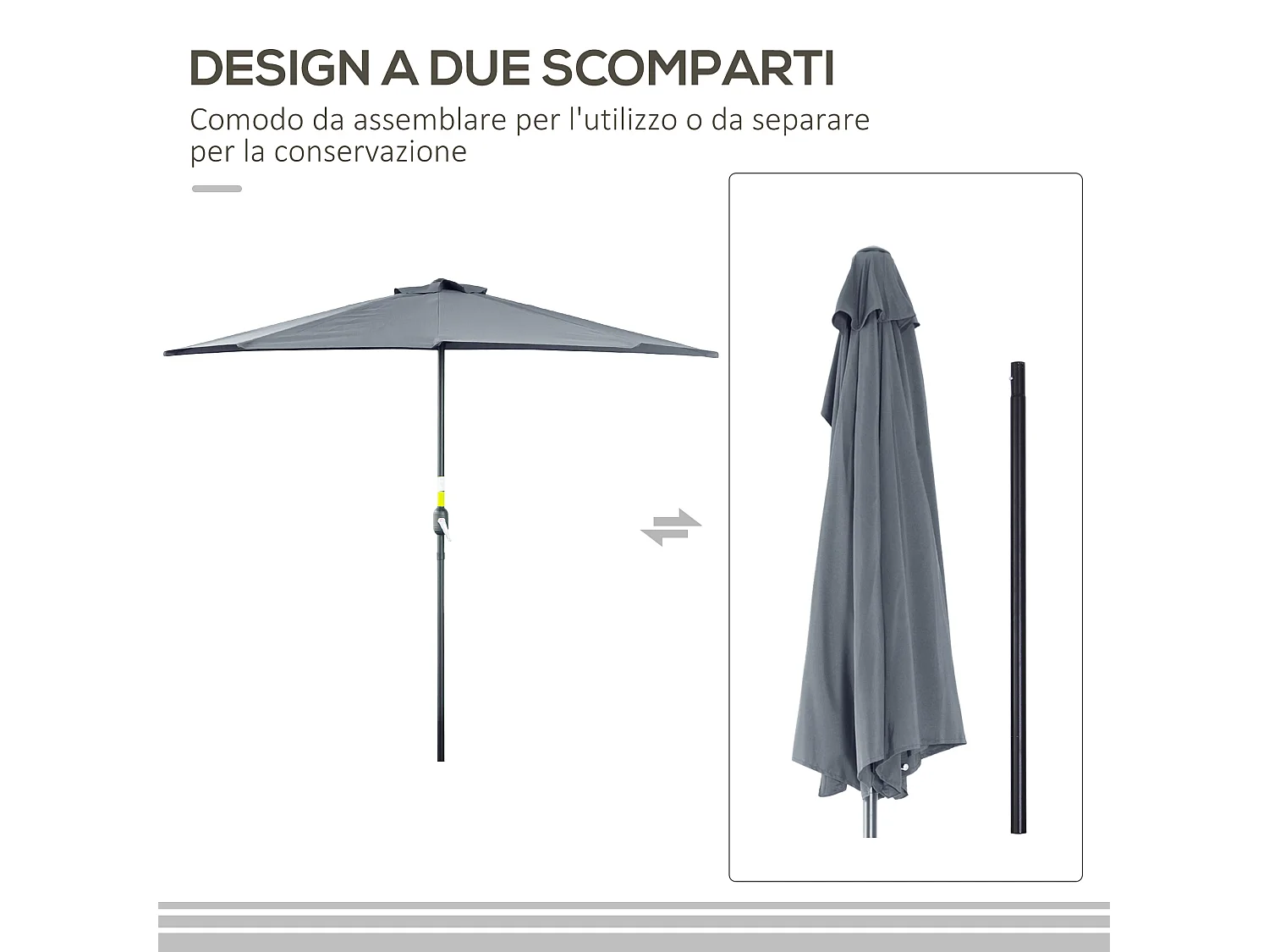 Ombrellone semicircolare impermeabile anti uv 269x138x236cm grigio