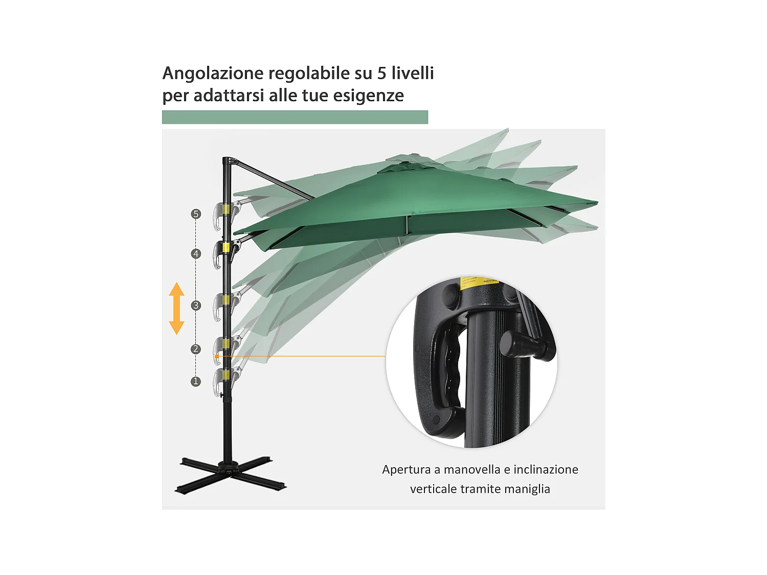 Ombrellone da giardino a manovella 2.5x2.5m girevole verde