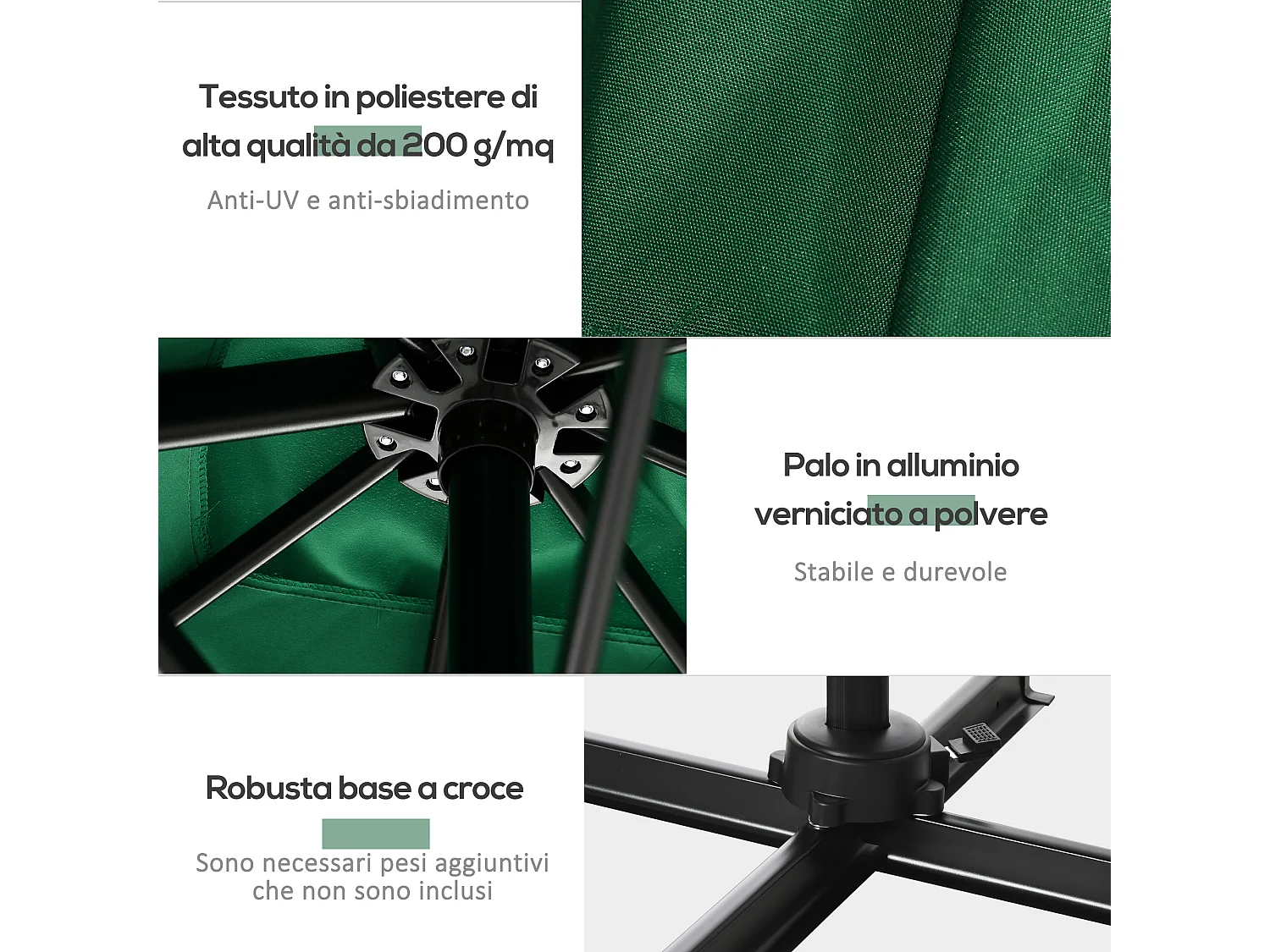 Ombrellone da giardino a manovella 2.5x2.5m girevole verde