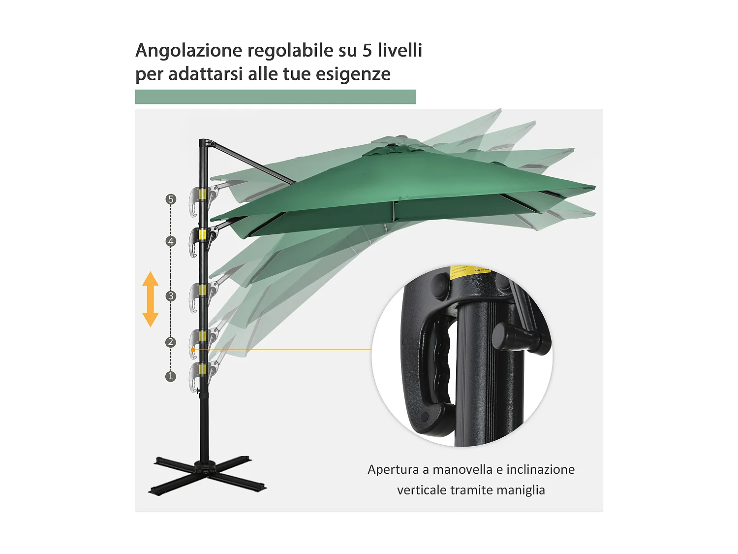 Ombrellone da giardino a manovella 2.5x2.5m girevole verde