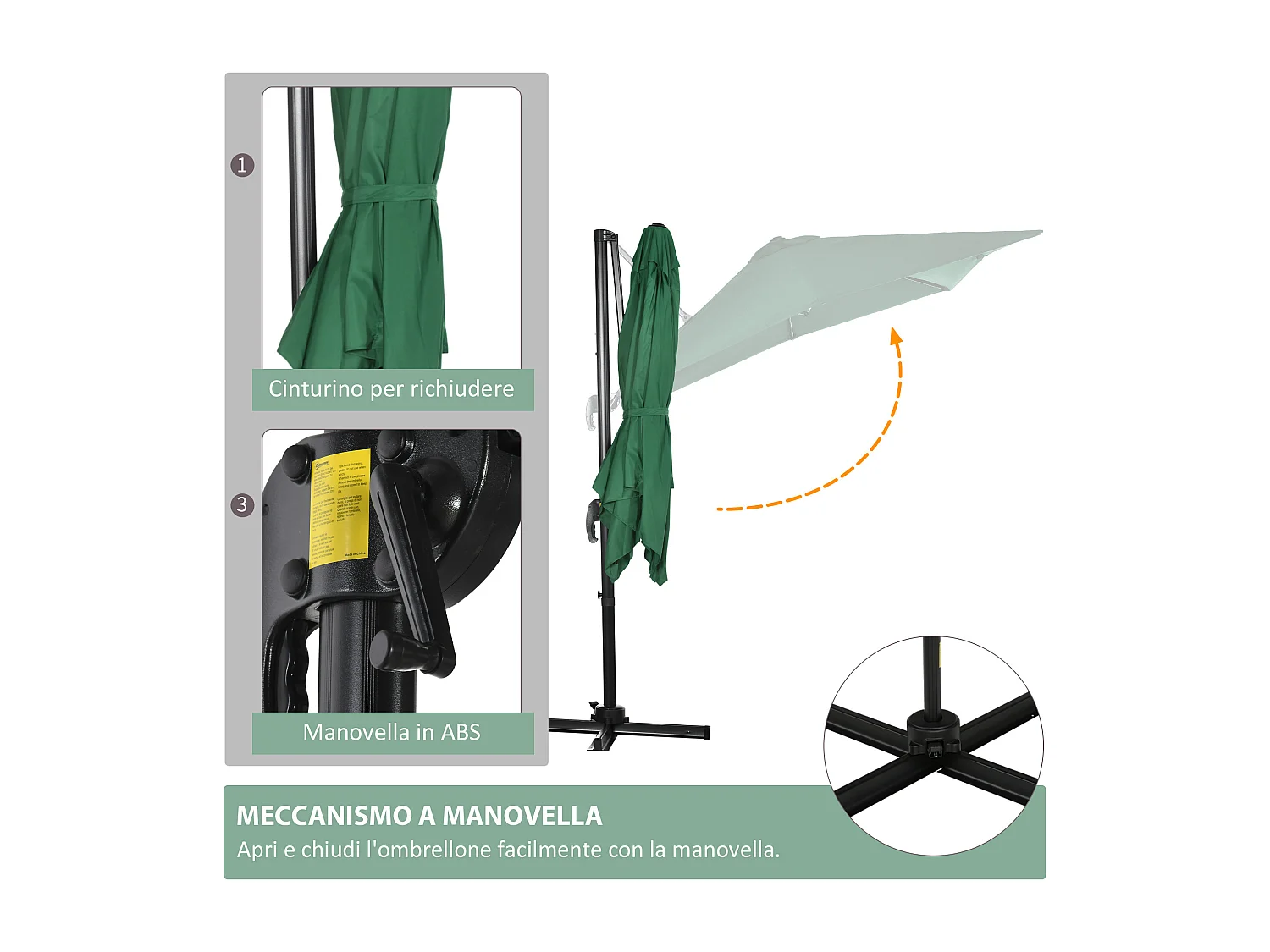 Ombrellone da giardino a manovella 2.5x2.5m girevole verde