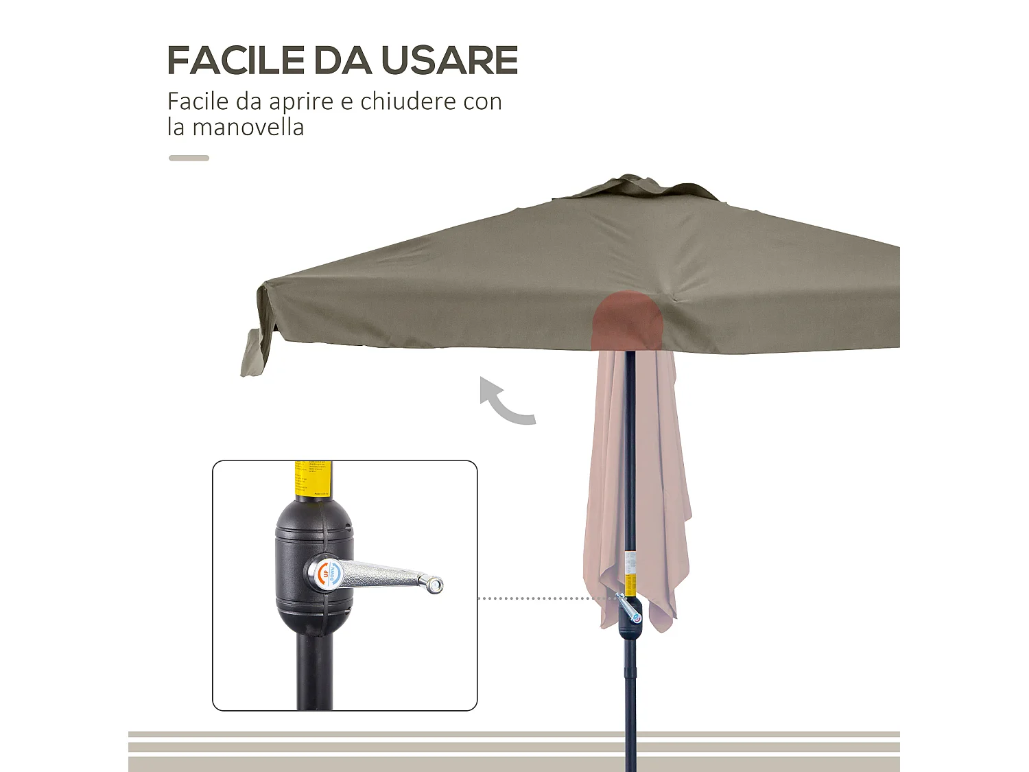 Ombrellone semicircolare con apertura a manovella 2.3x1.3m