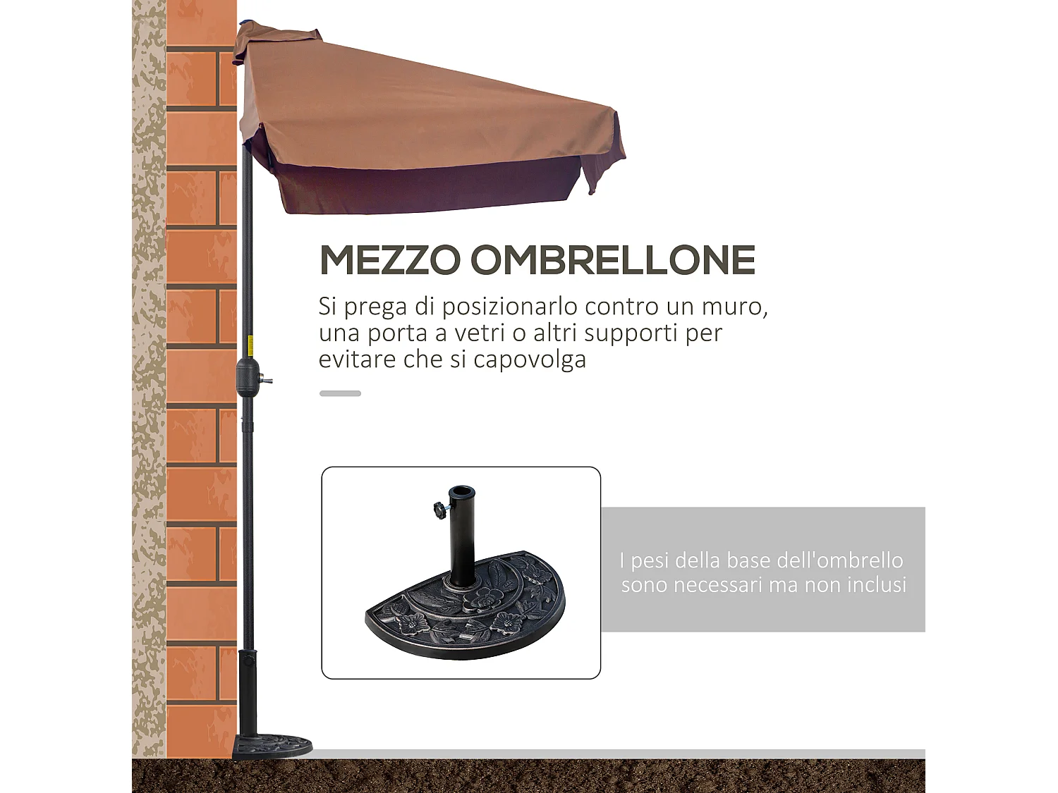 Ombrellone semicircolare con apertura a manovella 2.3x1.3m