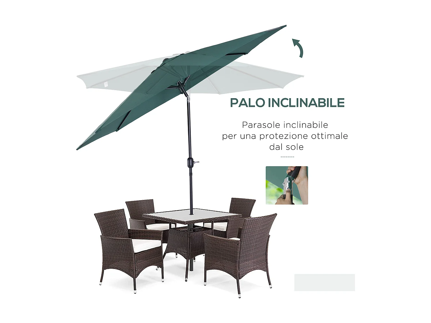 Ombrellone da giardino 3x2.5m inclinabile con manovella verde