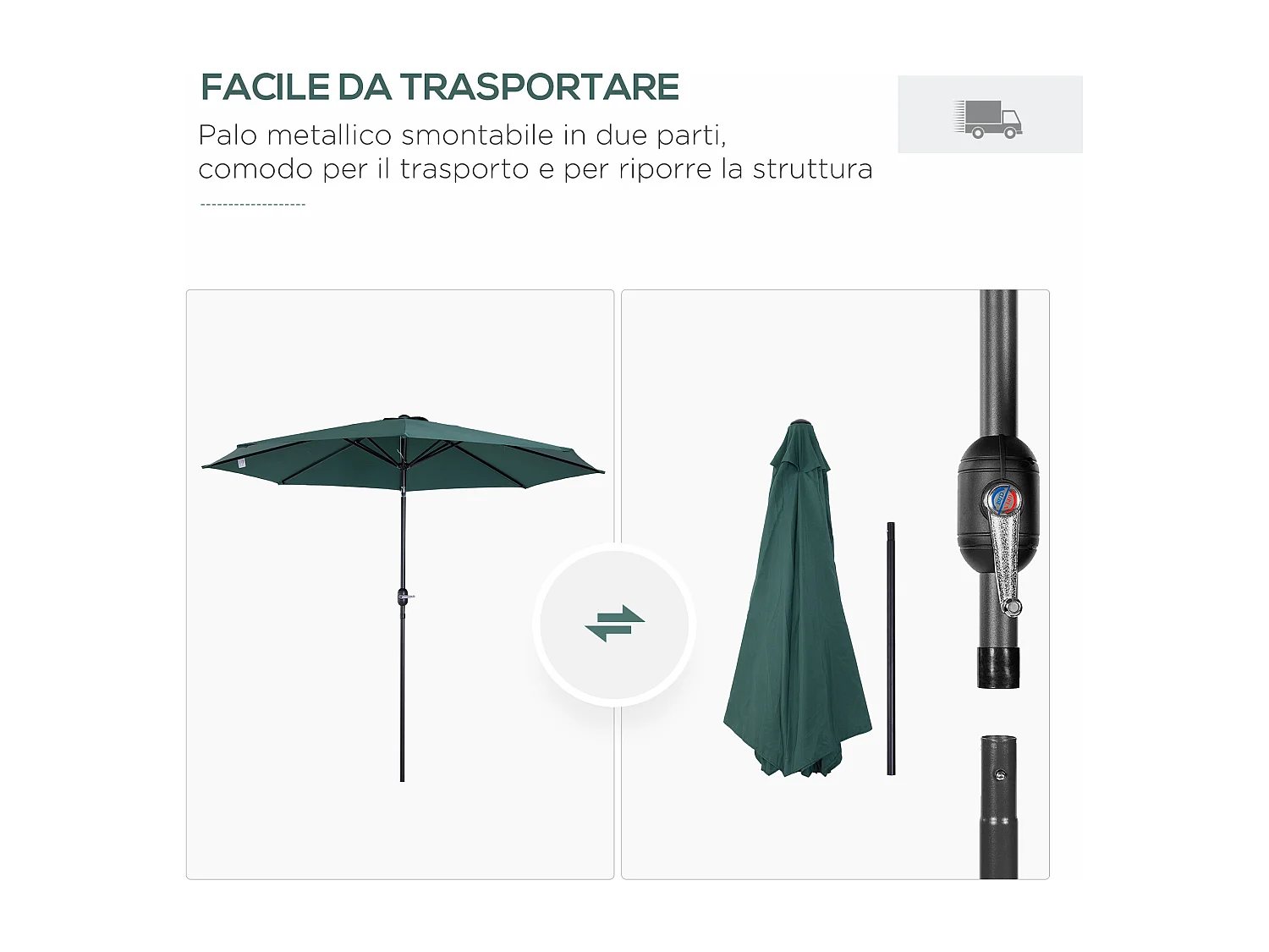 Ombrellone da giardino 3x2.5m inclinabile con manovella verde