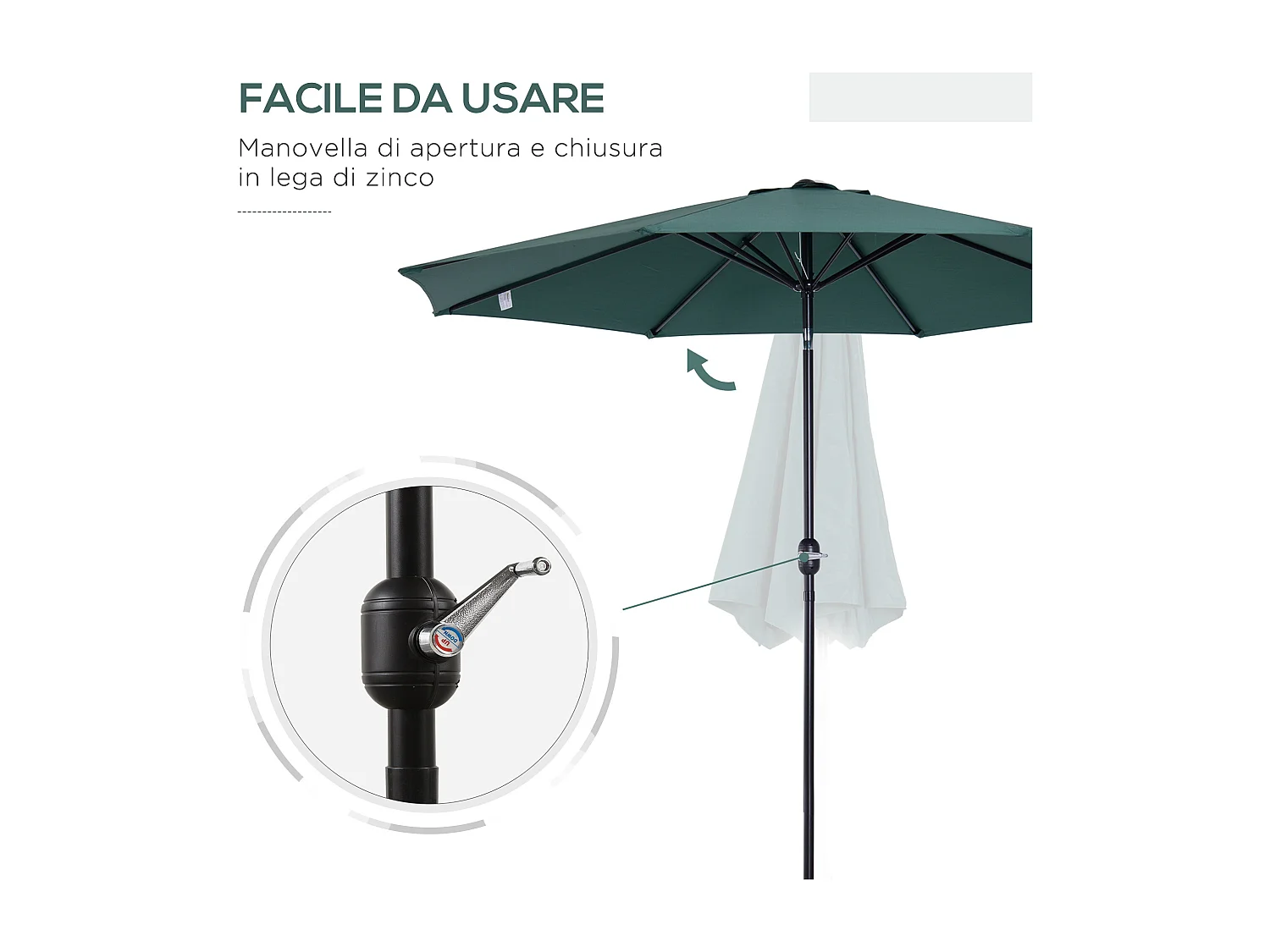 Ombrellone da giardino 3x2.5m inclinabile con manovella verde