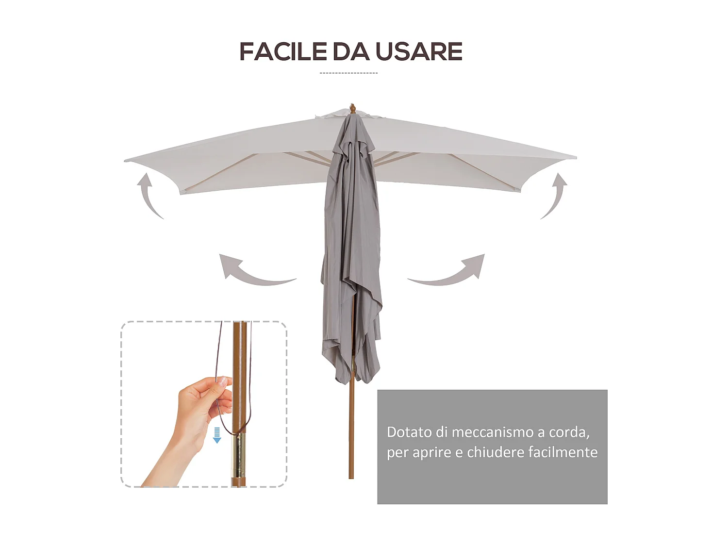 Ombrellone da giardino in legno 2x3m con copertura poliestere grigio