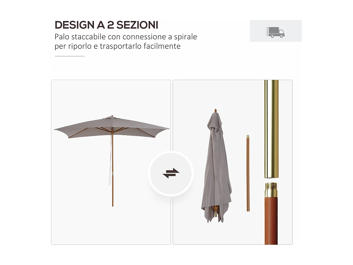 Ombrellone da giardino in legno 2x3m con copertura poliestere grigio