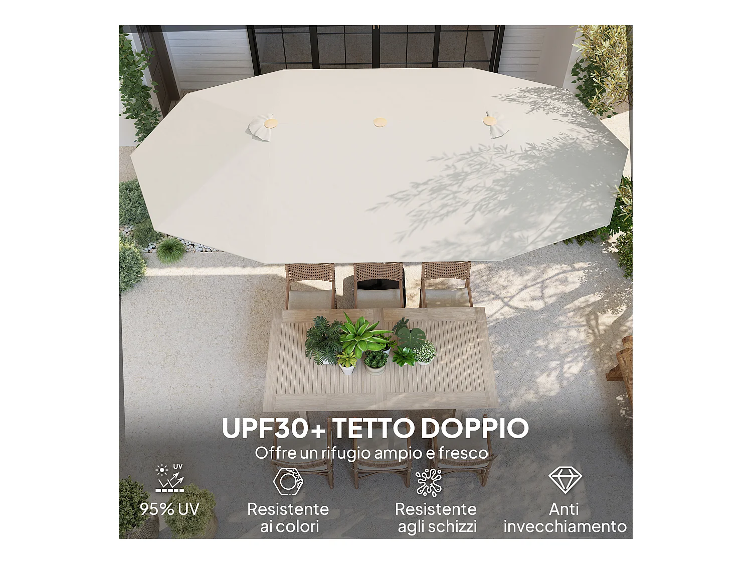 Ombrellone doppio con apertura a manovella 455x265x238 cm beige