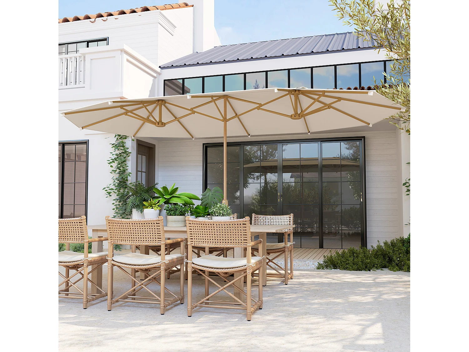 Ombrellone doppio con apertura a manovella 455x265x238 cm beige