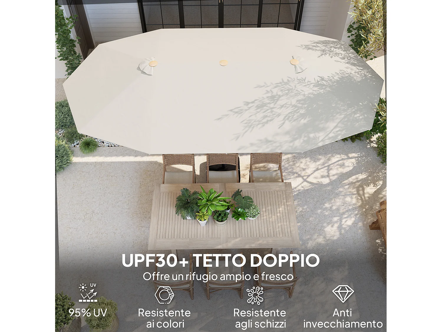 Ombrellone doppio con apertura a manovella 455x265x238 cm beige