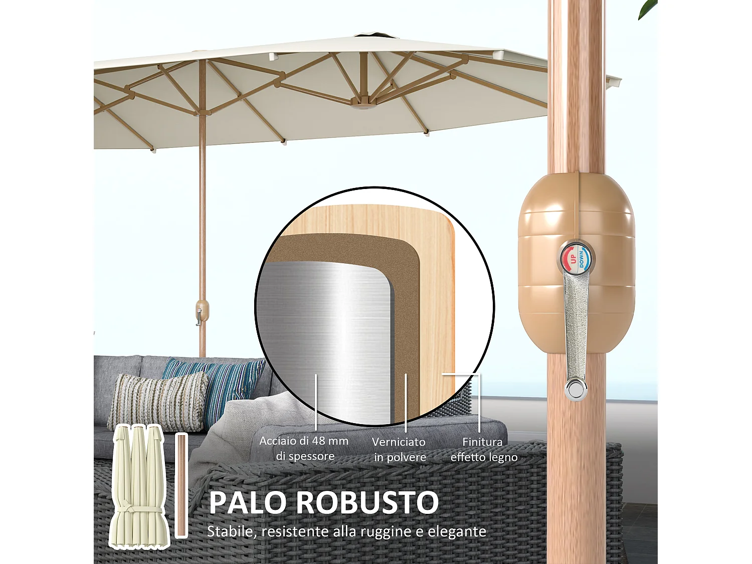 Ombrellone doppio con apertura a manovella 455x265x238 cm beige