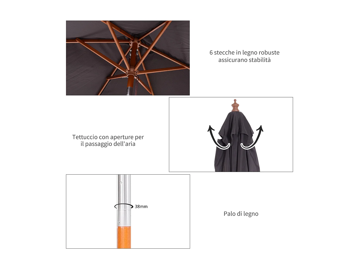 Ombrellone da giardino inclinabile 2x1.5m con palo in legno