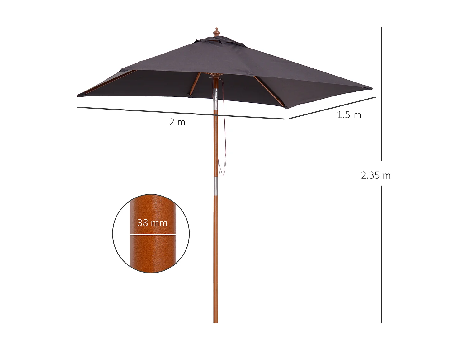 Ombrellone da giardino inclinabile 2x1.5m con palo in legno