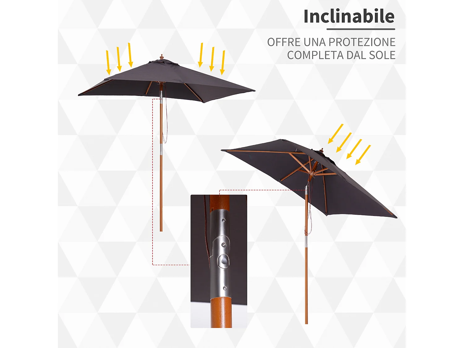 Ombrellone da giardino inclinabile 2x1.5m con palo in legno