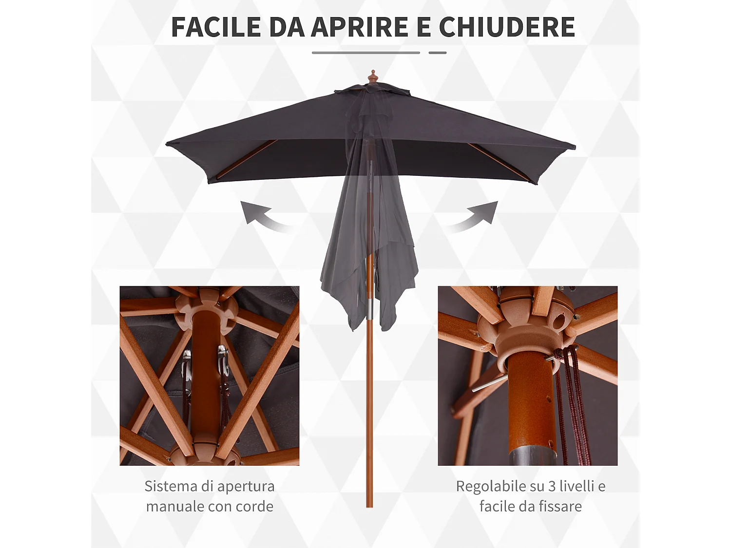 Ombrellone da giardino inclinabile 2x1.5m con palo in legno