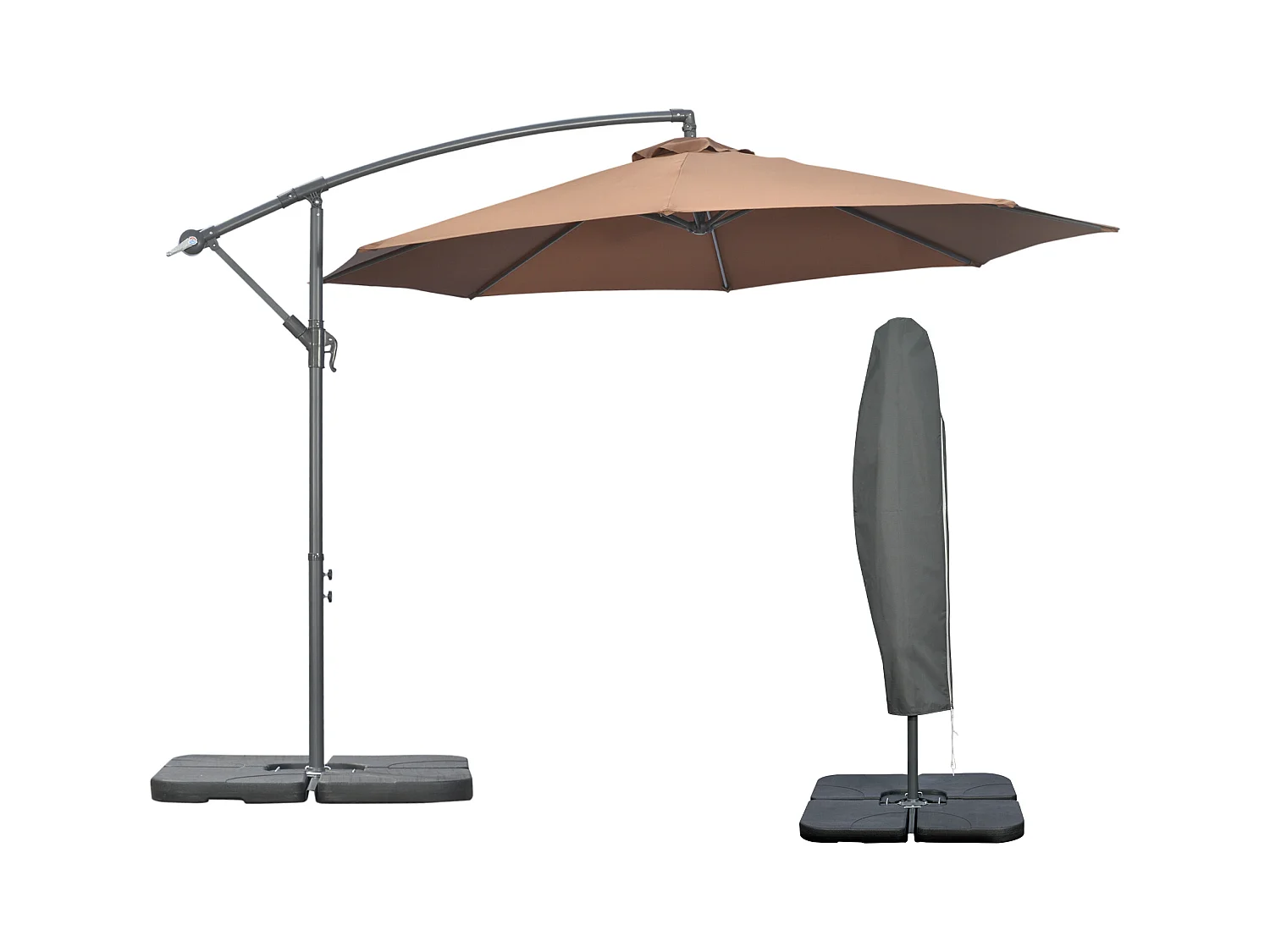 Ombrellone decentrato con manovella, base a croce e pesi color caffè