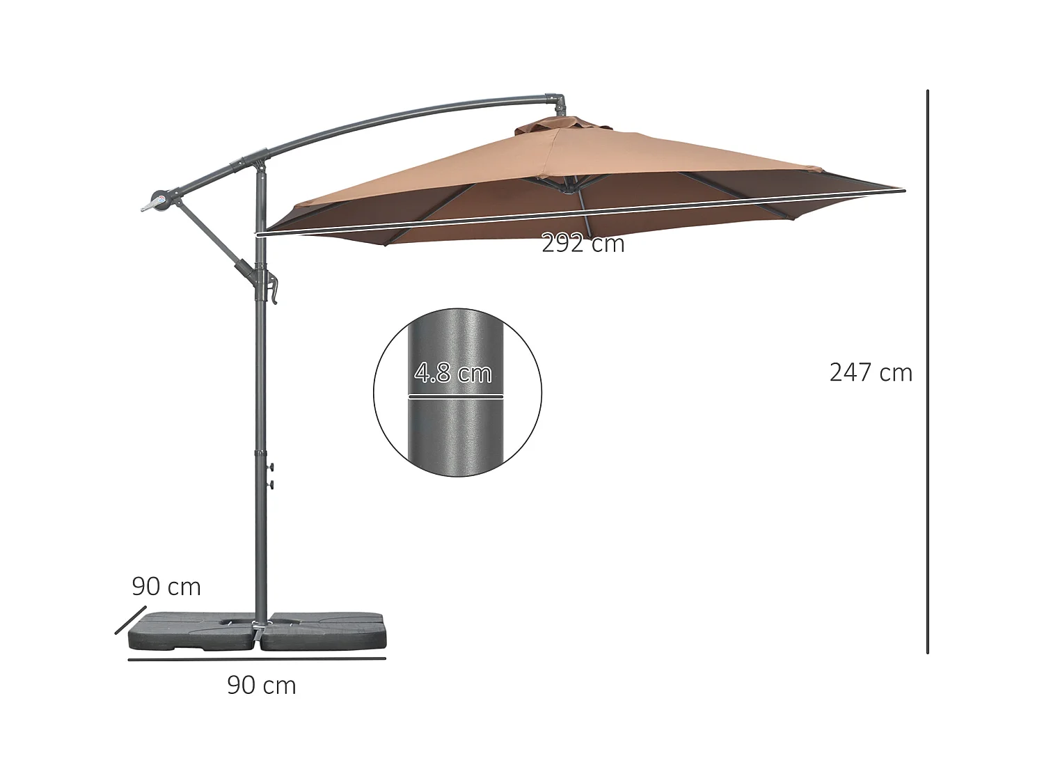 Ombrellone decentrato con manovella, base a croce e pesi color caffè