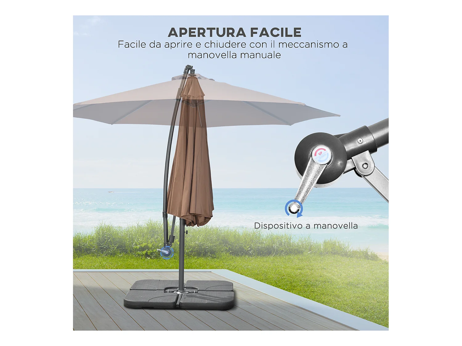 Ombrellone decentrato con manovella, base a croce e pesi color caffè