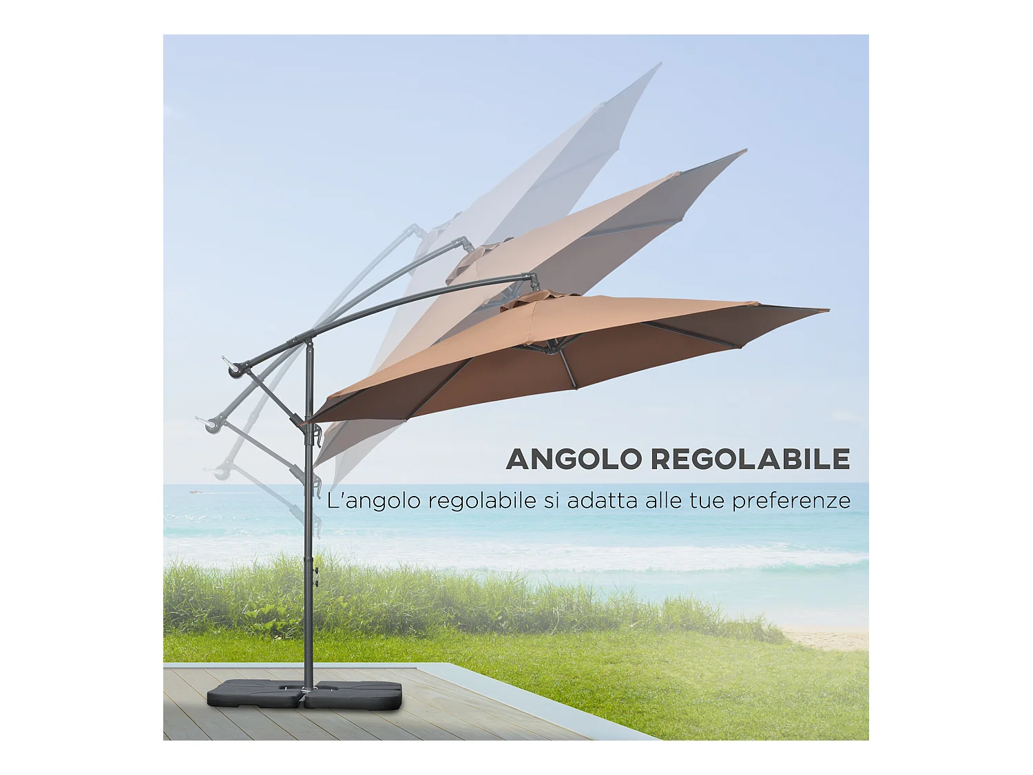 Ombrellone decentrato con manovella, base a croce e pesi color caffè